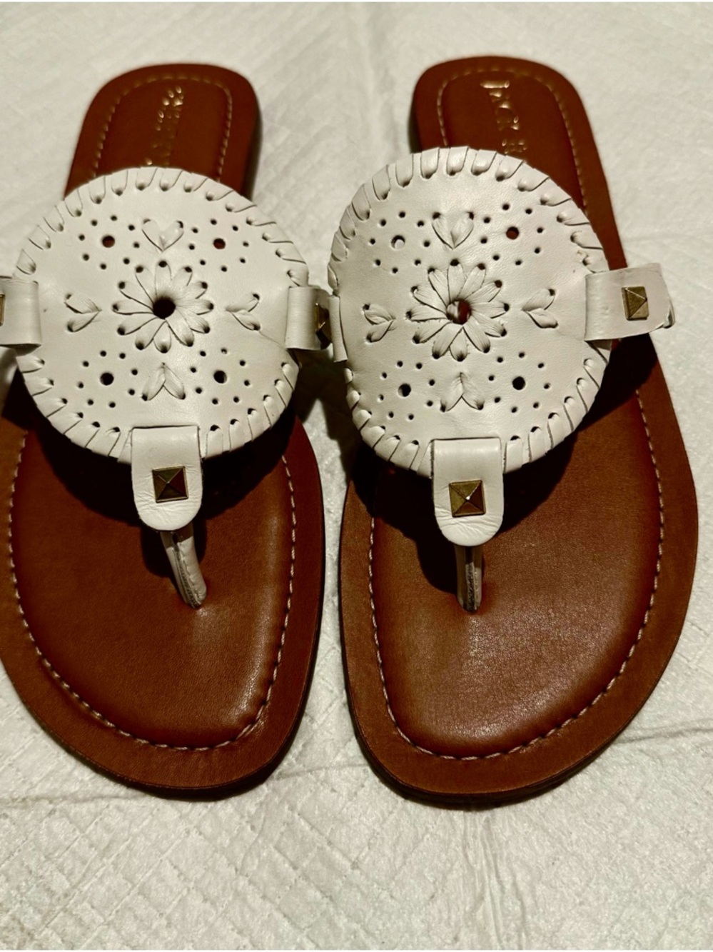 Jack Rogers White Leather Floral Medallion Sandals w Brown Footbed Georgia Mae